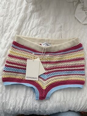 Peppermayo Crochet Striped Knit Shorts in Cream, Pink, Blue, Yellow